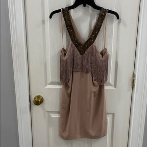 Sheri Bodell Mauve Fringe-Trim Satin Mini Dress with Sequin V